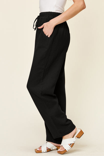 Double Take Full Size Texture Drawstring Straight Pants