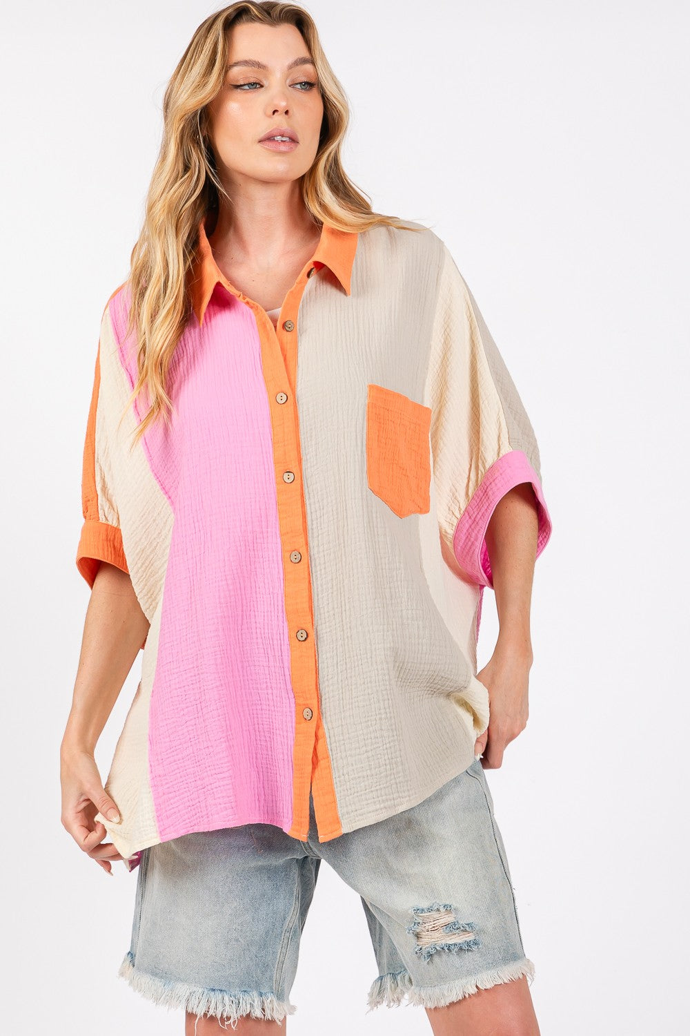 SAGE + FIG Full Size Color Block Button-Down Shirt