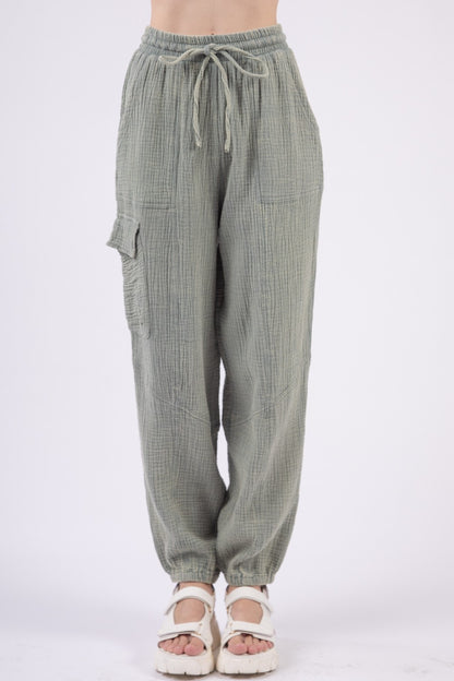 VERY J Washed Woven Crinkle Gauze Drawstring Pants