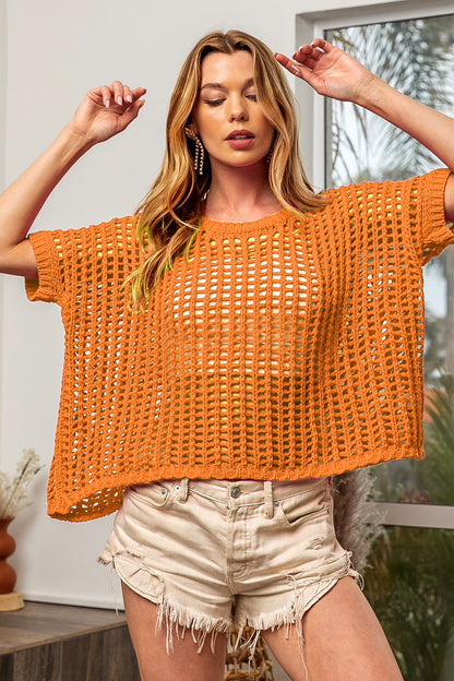 BiBi Hollowed Out Short Sleeve Knit Cover Up