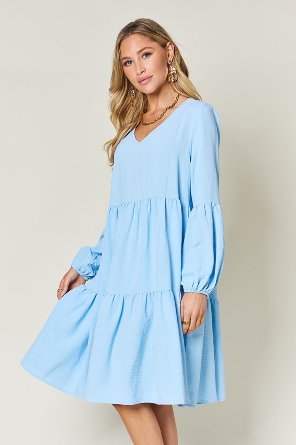 Double Take Full Size V-Neck Balloon Sleeve Tiered Dress with Pockets